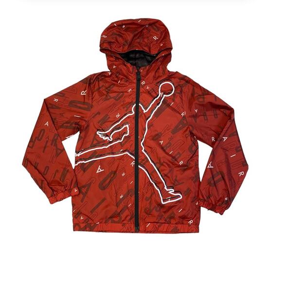 Jordan Boys All Over Logo Hooded Rain Windbreaker Jacket Red Size Medium - Picture 1 of 11